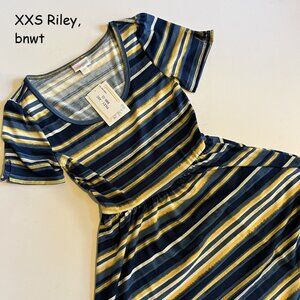 XXS Lularoe Riley maxi dress, blue, white, yellow stripes